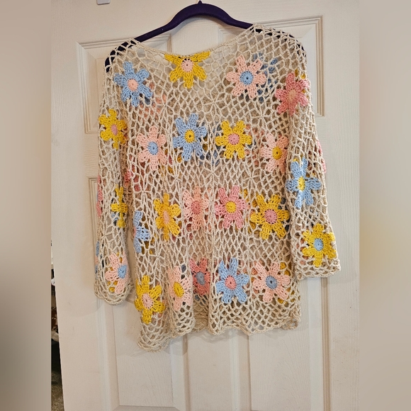 CHARLIE B Floral Crochet Mesh Blouse - Cream, Pink, Blue, Yellow - Picture 4 of 5